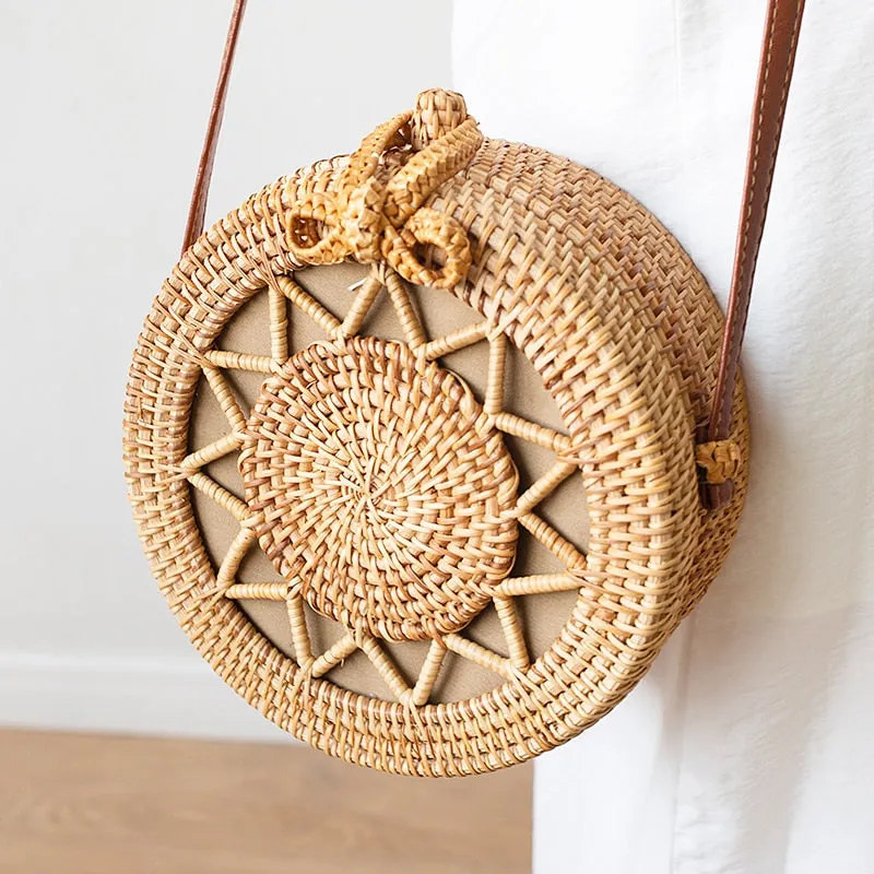 Women Hollow Woven Rattan Round Straw Shoulder Bag