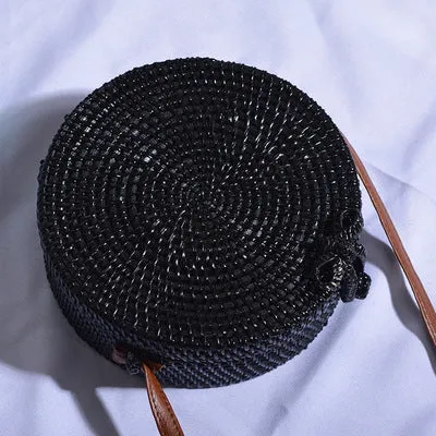 Women Hollow Woven Rattan Round Straw Shoulder Bag