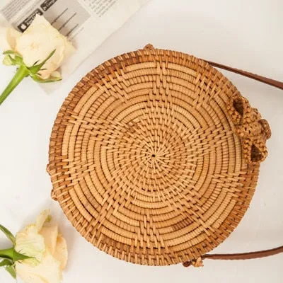 Women Hollow Woven Rattan Round Straw Shoulder Bag