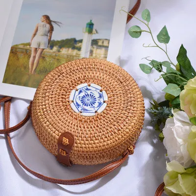 Women Hollow Woven Rattan Round Straw Shoulder Bag