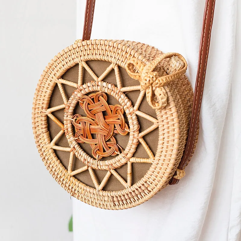 Women Hollow Woven Rattan Round Straw Shoulder Bag