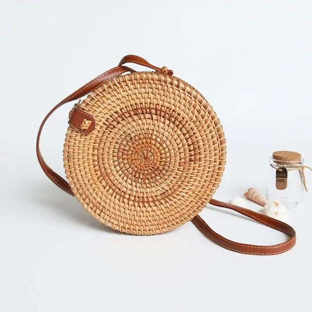 Women Hollow Woven Rattan Round Straw Shoulder Bag