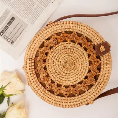 Women Hollow Woven Rattan Round Straw Shoulder Bag