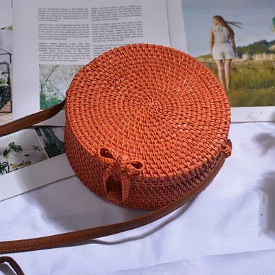 Women Hollow Woven Rattan Round Straw Shoulder Bag