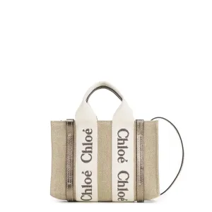 Woody Tote Mini Strap Linen, Metallic Grey