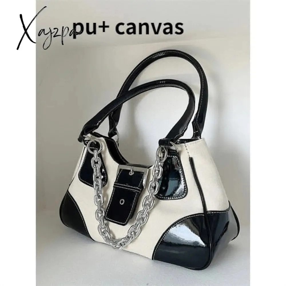 Xajzpa - Vintage Sweet Cool Girls Canvas Underarm Bag Patent Leather Women's Metal Chain Shoulder Crossbody Bags Y2k Tote Purse Handbags