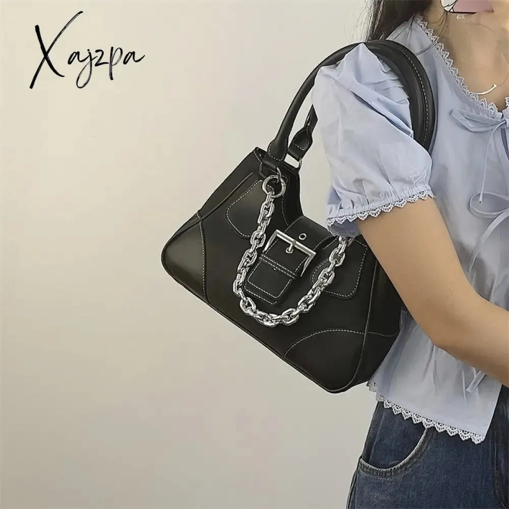 Xajzpa - Vintage Sweet Cool Girls Canvas Underarm Bag Patent Leather Women's Metal Chain Shoulder Crossbody Bags Y2k Tote Purse Handbags