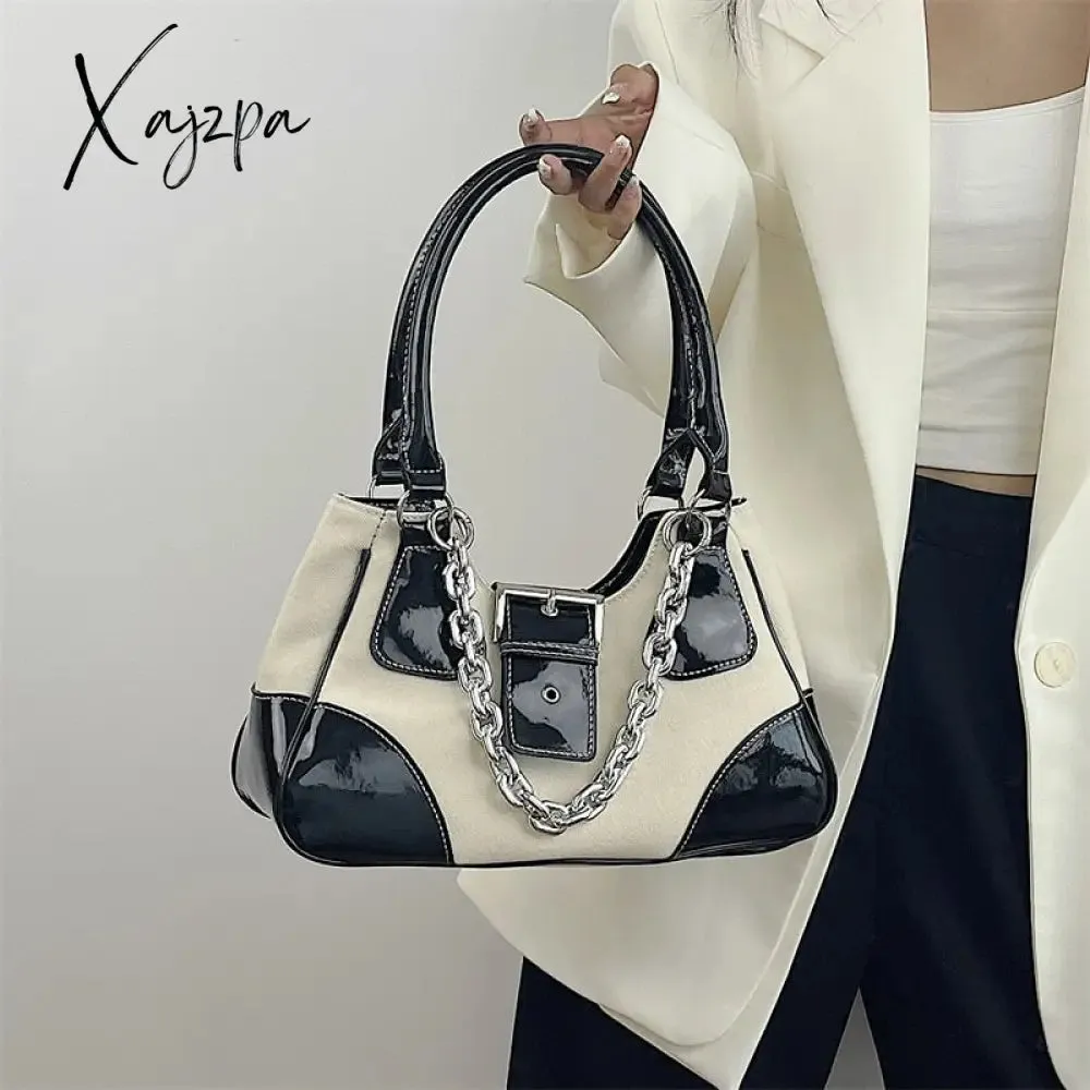 Xajzpa - Vintage Sweet Cool Girls Canvas Underarm Bag Patent Leather Women's Metal Chain Shoulder Crossbody Bags Y2k Tote Purse Handbags