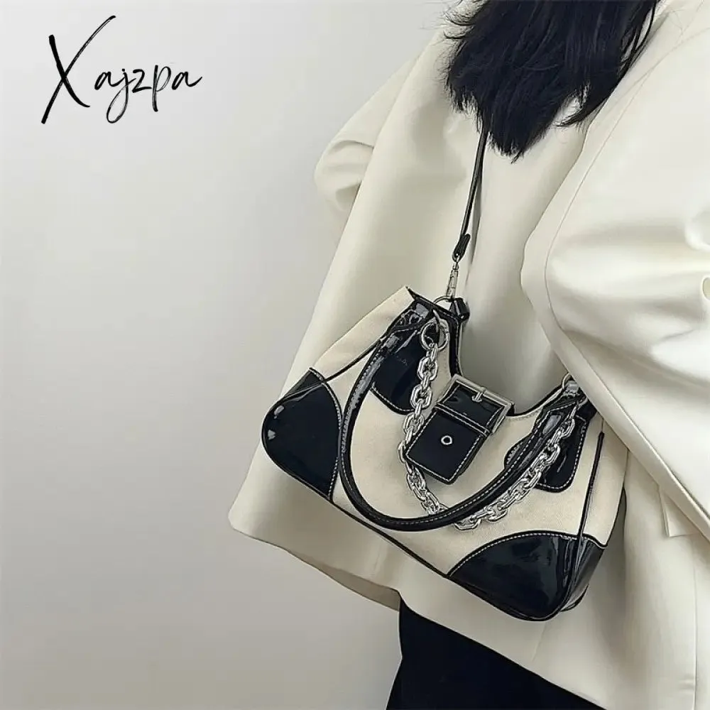 Xajzpa - Vintage Sweet Cool Girls Canvas Underarm Bag Patent Leather Women's Metal Chain Shoulder Crossbody Bags Y2k Tote Purse Handbags